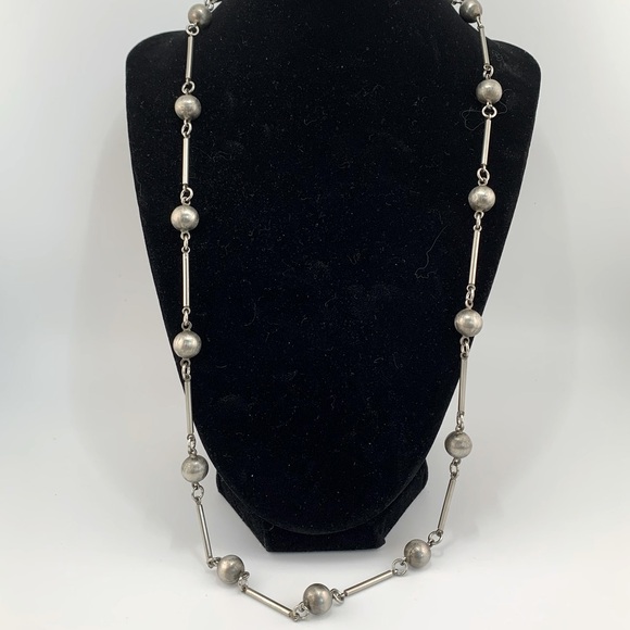 STERLING SILVER 835 European Ball & Bar Chain Link Necklace Vintage 27-1/2" - Picture 1 of 8